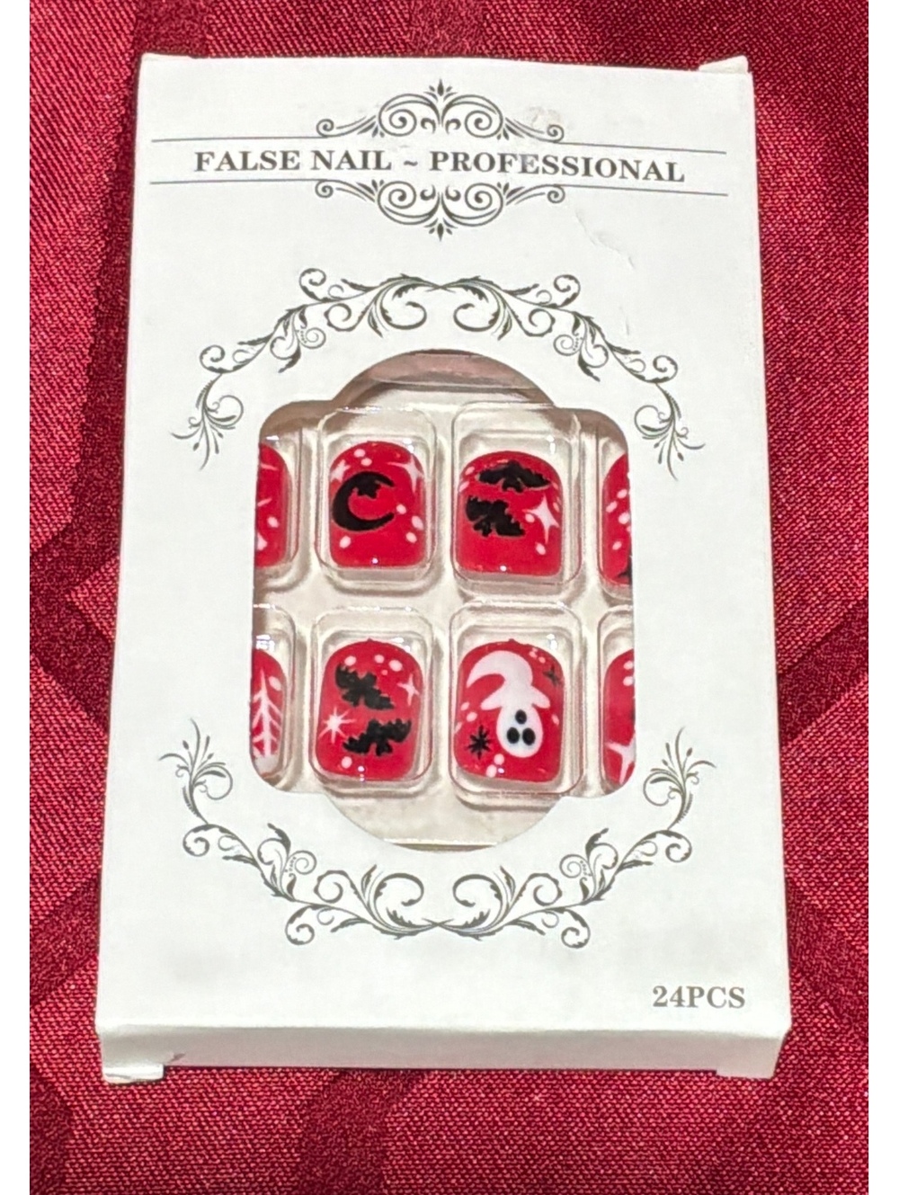 Halloween Themed Red False Nails with Ghost and Moon Designs - 24 PCS